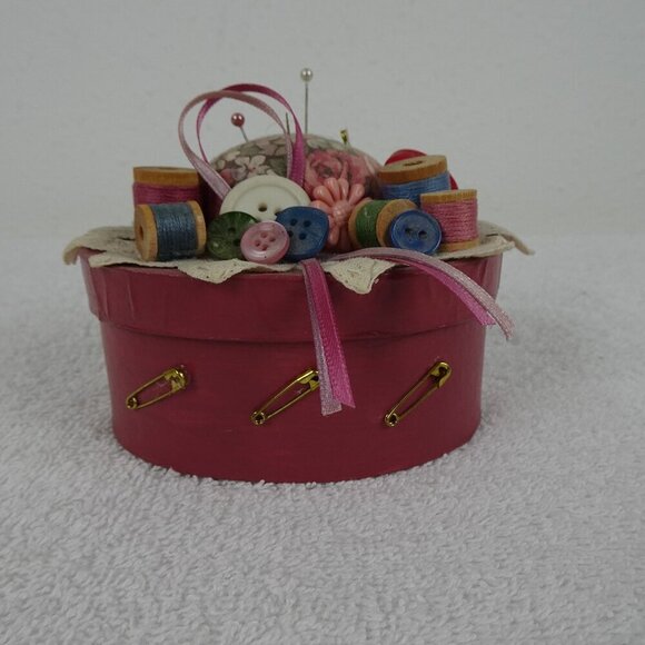 Vintage Sewing Box Pin Cushion Thread Button Organizer Storage 4 Inches Pink - Picture 1 of 10